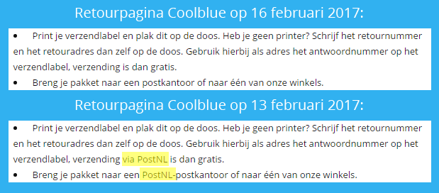 Coolblue op retourpagina over PostNL.