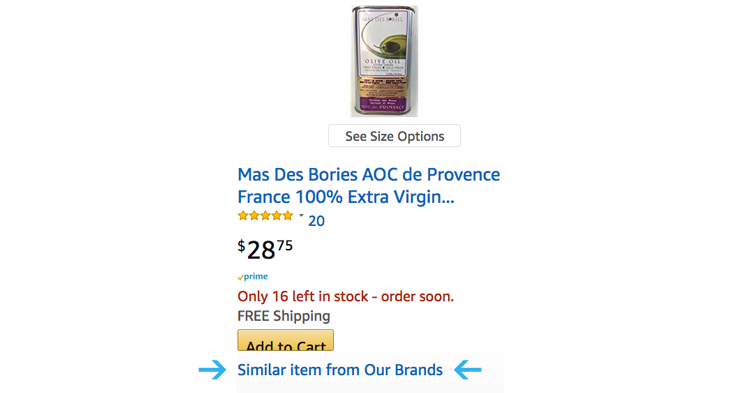 Amazon maakt reclame voor haar eigen merk, direct onder de productlisting van een externe verkoper.