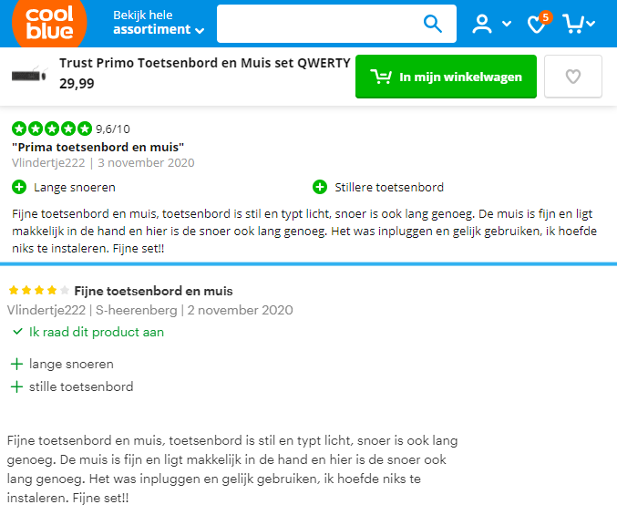 'Vlindertje222' laat dezelfde review achter bij zowel Coolblue als Bol.com.